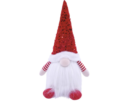 Kerstkabouter met rode paillettenmuts, lange witte baard en rood-wit gestreepte armen.