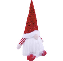 Kerstkabouter van pluche met rode paillettenmuts en witte baard.