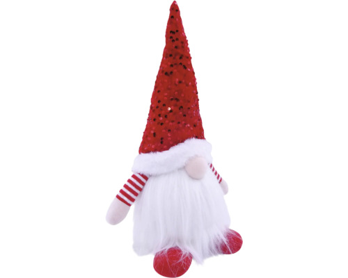 Kerstkabouter van pluche met rode paillettenmuts en witte baard.
