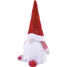 Kerstkabouter met rode paillettenmuts, witte baard van imitatiebont en rood-wit gestreepte armen. Decoratief pluchen figuur voor de kerstperiode.