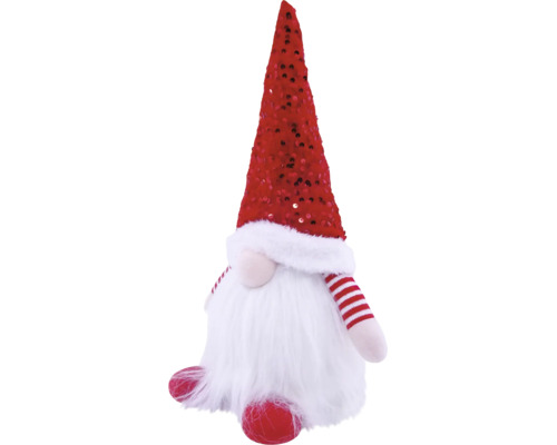 Kerstkabouter met rode paillettenmuts, witte baard van imitatiebont en rood-wit gestreepte armen. Decoratief pluchen figuur voor de kerstperiode.