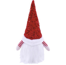 Kerstkabouter met rode paillettenmuts, witte baard en rood-wit gestreepte armen van pluche.