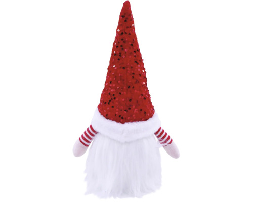 Kerstkabouter met rode paillettenmuts, witte baard en rood-wit gestreepte armen van pluche.