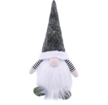 Kerstkabouter decoratiefiguur van stof met puntmuts, witte baard en gestreepte armen.