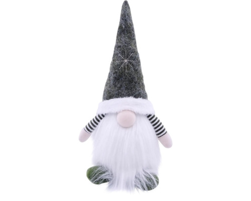 Kerstkabouter decoratiefiguur van stof met puntmuts, witte baard en gestreepte armen.
