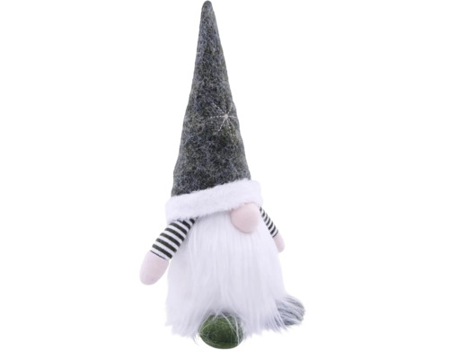 Kerstgnome met grijze vilten muts met geborduurde ster, witte baard en zwart-wit gestreepte mouwen.