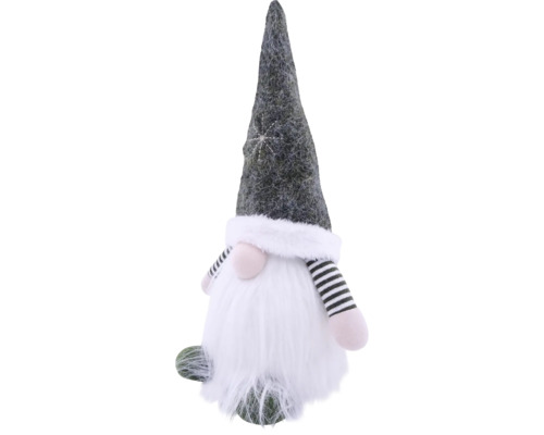 Kerstkabouter met grijze vilten muts, witte baard, roze neus en zwart-wit gestreepte armen.