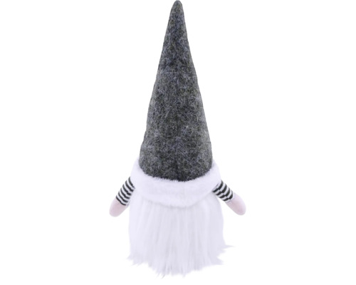 Kerstkabouter decoratiefiguur met grijze vilten muts, witte baard en gestreepte armen van stof.