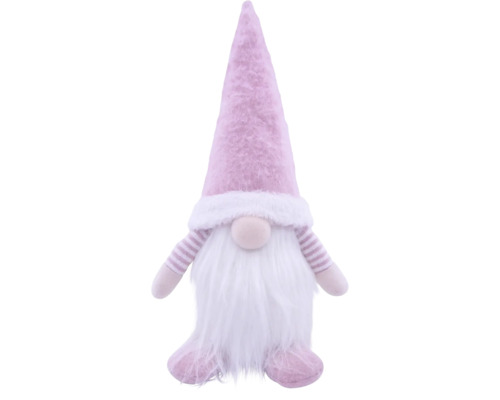 Decoratieve roze kabouter van textiel met puntmuts en lange witte baard.