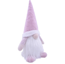 Roze kerstkabouter van stof met een puntige pluche muts, lange witte baard en gestreepte mouwen.