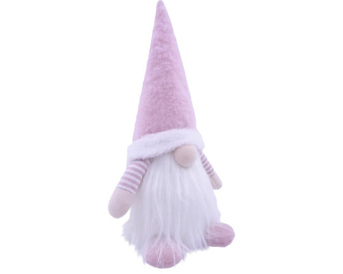 Roze kerstkabouter van stof met een puntige pluche muts, lange witte baard en gestreepte mouwen.
