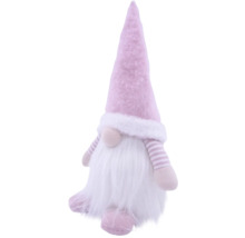 Roze decoratieve pluche kerstkabouter met witte baard, hoge puntmuts en gestreepte armen.