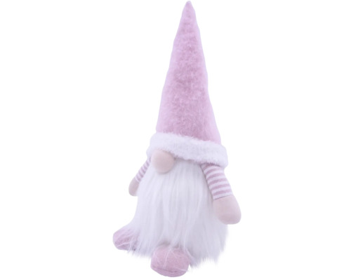 Roze decoratieve pluche kerstkabouter met witte baard, hoge puntmuts en gestreepte armen.