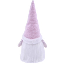 Decoratieve roze pluchen kabouter met hoge muts, witte pluchen rand en lange witte baard.