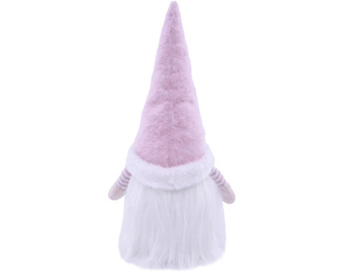 Decoratieve roze pluchen kabouter met hoge muts, witte pluchen rand en lange witte baard.