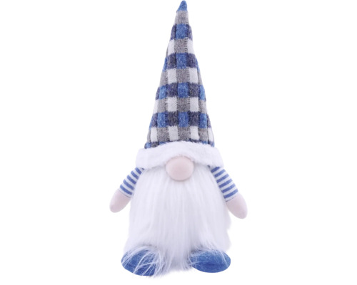 Stoffen kerstkabouter met blauw-grijs geruite puntmuts en witte baard.