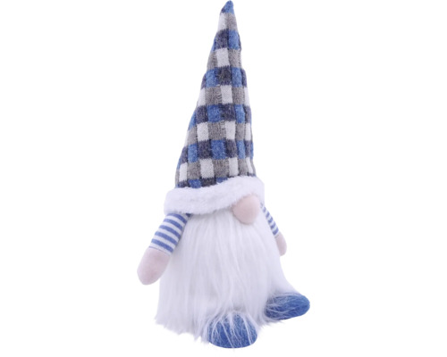 Decoratieve kerstkabouter met een geruite puntmuts, een lange baard van imitatiebont en een ronde neus.