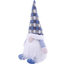 Decoratieve kerstkabouter van stof met een blauw-wit geruite muts, lange witte baard en blauw-wit gestreepte armen.