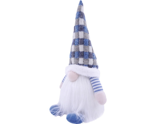 Decoratieve kerstkabouter van stof met een blauw-wit geruite muts, lange witte baard en blauw-wit gestreepte armen.