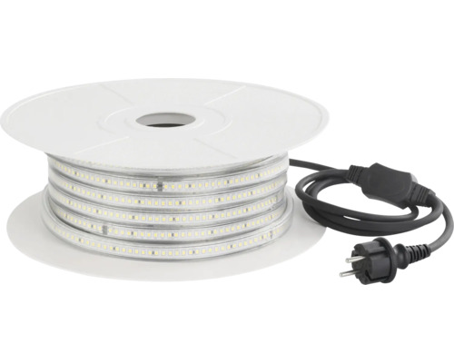 LED-lichtslang op witte spoel met zwart netsnoer en stekker.