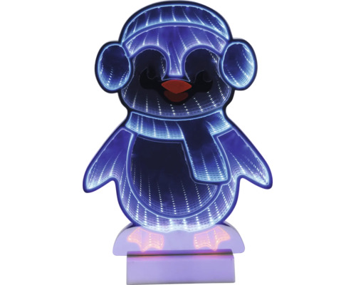 LED-pinguïn met infinity-effect, muts en sjaal, blauw verlicht.