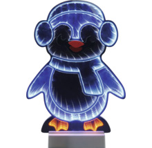 LED-decoratielamp in de vorm van een pinguïn met infinity mirror-effect, muts en sjaal.