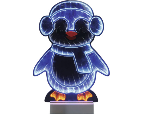 LED-decoratielamp in de vorm van een pinguïn met infinity mirror-effect, muts en sjaal.