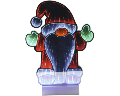 LED-kerstfiguur kabouter met infinity mirror-effect, veelkleurige verlichting voor kerstdecoratie binnenshuis.