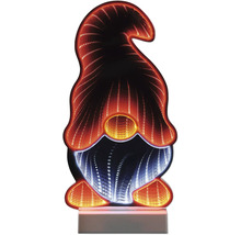 LED-decoratieverlichting in de vorm van een kabouter met 3D-oneindigheidseffect op een voetstuk.