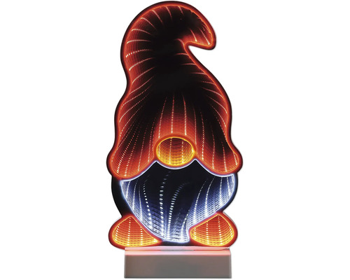 LED-decoratieverlichting in de vorm van een kabouter met 3D-oneindigheidseffect op een voetstuk.