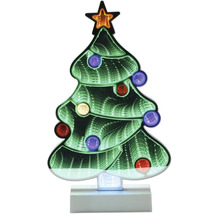 Kerstboom LED-lamp met infinity-spiegeleffect, sterpiek en gekleurde lichtballen op een witte voet.