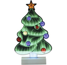 LED-kerstboom met infinity mirror-effect, ster en gekleurde lampjes op witte voet.