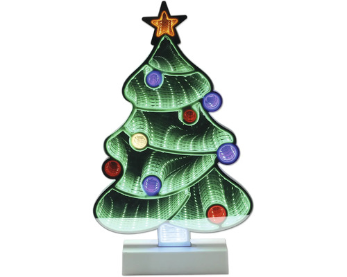 LED-kerstboom met infinity mirror-effect, ster en gekleurde lampjes op witte voet.