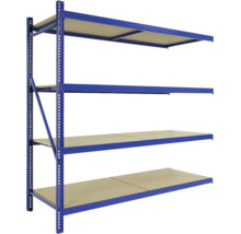 Blauwe metalen stellingkast met vier houten legplanken.