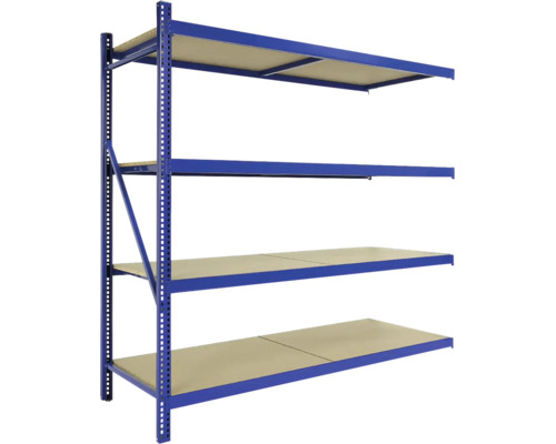 Blauwe metalen stellingkast met vier houten legplanken.