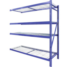 Blauw metalen opbergrek voor zware lasten met vier niveaus van draadgaas.