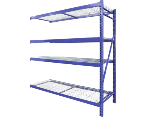 Blauw metalen opbergrek voor zware lasten met vier niveaus van draadgaas.