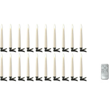 20-delige set led-kerstboomkaarsen met afstandsbediening en bevestigingsclips.