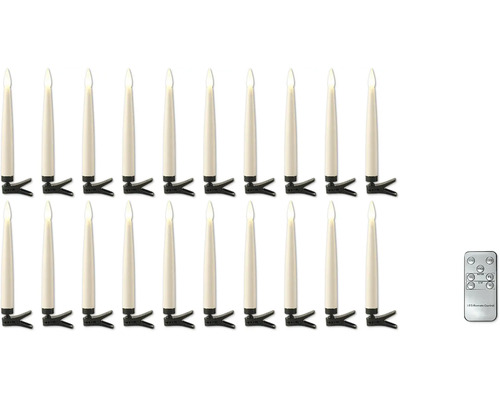 20-delige set led-kerstboomkaarsen met afstandsbediening en bevestigingsclips.