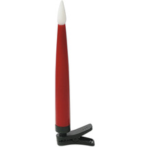 Rode LED-kerstboomkaars met vlamvormige punt en zwarte bevestigingsclip.