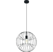 Hanglamp met bolvormige kap van metaaldraad en zichtbare lichtbron.