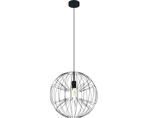 Hanglamp met bolvormige kap van metaaldraad en zichtbare lichtbron.