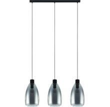 3-lichts hanglamp met ovale glazen kappen in rookglaslook en zwarte plafondbalk.