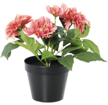 Kunstmatige dahlia in een zwarte pot met zalmkleurige bloemen en groene bladeren.