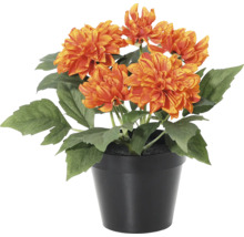 Kunst dahlia in zwarte pot met oranje bloemen en groene bladeren.