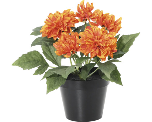 Kunst dahlia in zwarte pot met oranje bloemen en groene bladeren.