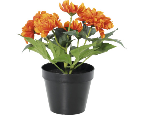 Kunstbloemen oranje in zwarte kunststof pot