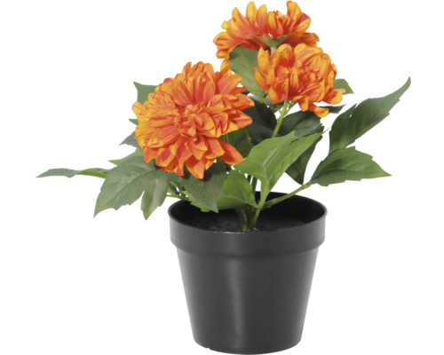 Kunstdahlia in zwarte kunststof pot met oranje-gele bloemen en groene bladeren.