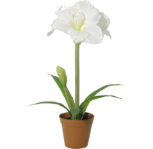 Kunstamaryllis in pot met een witte bloem, een knop en groene bladeren.