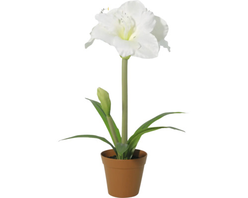 Kunstamaryllis in pot met een witte bloem, een knop en groene bladeren.